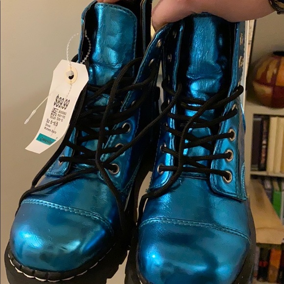 Metallic Blue Combat Boots - Picture 1 of 5